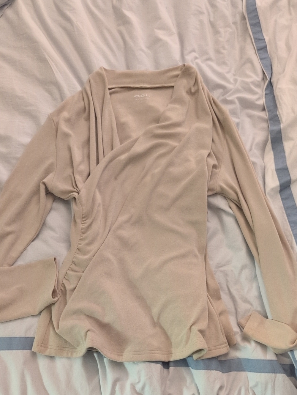 OGL Neutral Beige Wrap-Front Long Sleeve Top